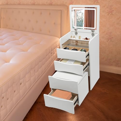 Integrated Vanity with Flip Top Lighted Mirror, 3 in 1 Compact Vanity, Small Dresser Desk Small Makeup Table with 3 Drawers for Girls, Bathroom, Bedroom, Dormitories (White)