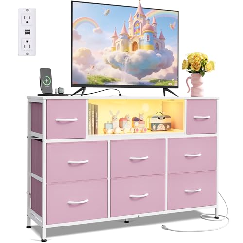 LED Dresser TV Stand for 55 Inch TV, 8 Fabric Drawers, Pink Dresser, view 2