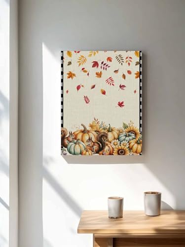 NuYeBiofx Thanksgiving Pumpkins Squirrel Canvas Wall Art Prints,48"x32" Framed Picture Artwork Maple Leaves Black Plaid Printed Canvas Oil Painting for Living Room Bedroom Office,Ready to Hang