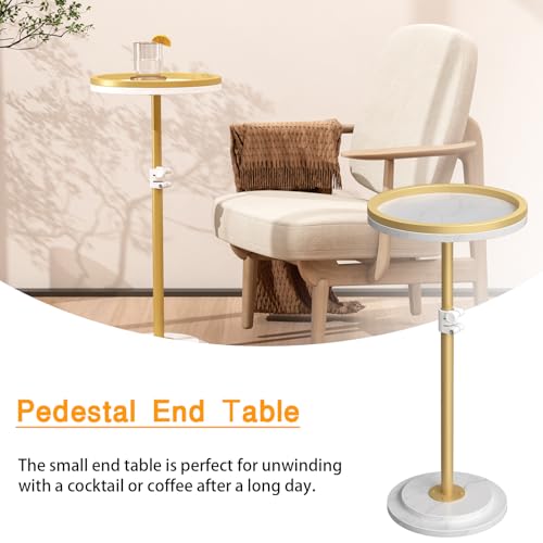 Small Side Table, Drink Table, Height Adjustable Round End Table, Pedestal Side Table for Small Spaces in Living Room, Bedroom, Gold
