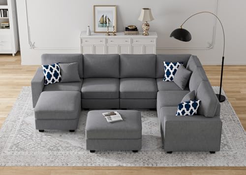 Oversized Modular Sectional Sofa,U/L‑Shaped Reversible Couch with Ottoman,Deep Seat Plush Polyester Sofa for Living Room,8‑Seater,Dark Grey