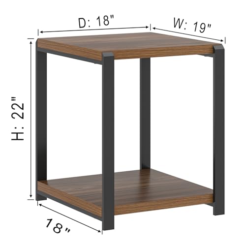 Modern End Table, Square Side Table with Storage Shelf for Living Room, Rustic Wood Night Stand for Bedroom, Walnut
