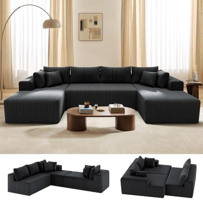 Cloud Couch U-Shaped Sectional Sofa, 134'' Modular Boneless Couches for Living Room, Corduroy Deep Seat Sofa with 2 Chaise Lounges and 1 Loveseat, 30D High-Resilience Foam, No Assembly, Black