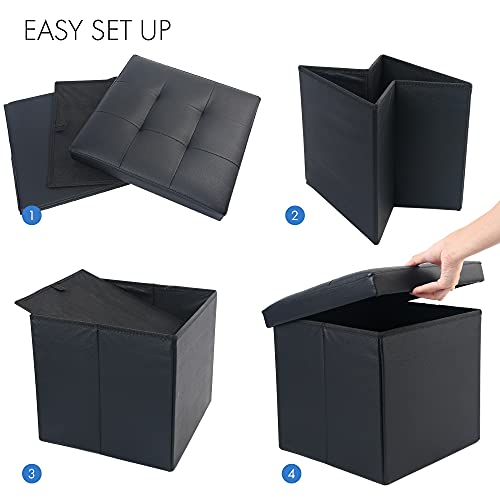 Storage Ottoman, Foldable Foot Rest Stool, 13x12x12 Inches Small Leather Bench with Storage, Holds up to 260 lb, for Living Room, Bedroom, Dorm, Black