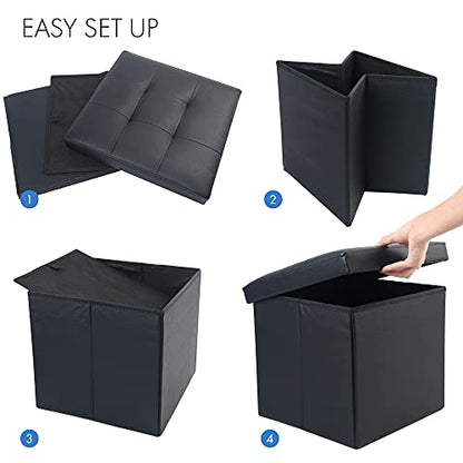 Storage Ottoman, Foldable Foot Rest Stool, 13x12x12 Inches Small Leather Bench with Storage, Holds up to 260 lb, for Living Room, Bedroom, Dorm, Black