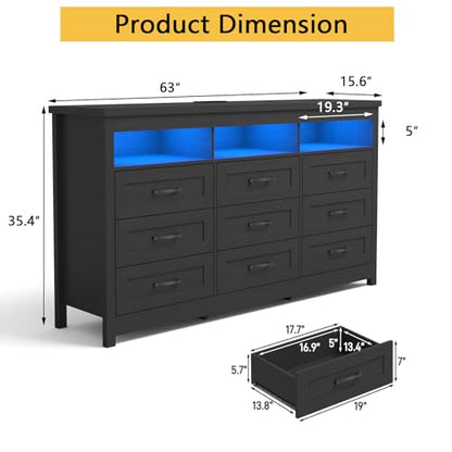 Farmhouse 9 Drawer Dresser with LED Lights, view 3