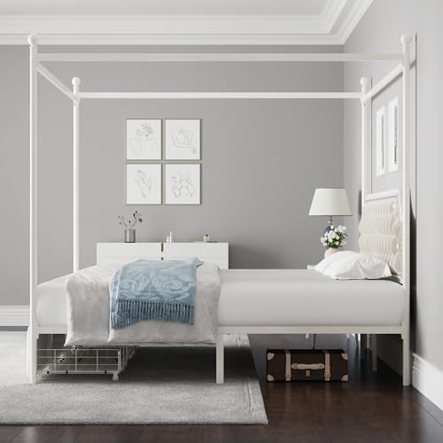 Full Upholstered Canopy Bed Frame with 2 Storage Drawers & Button Tufted, view 5