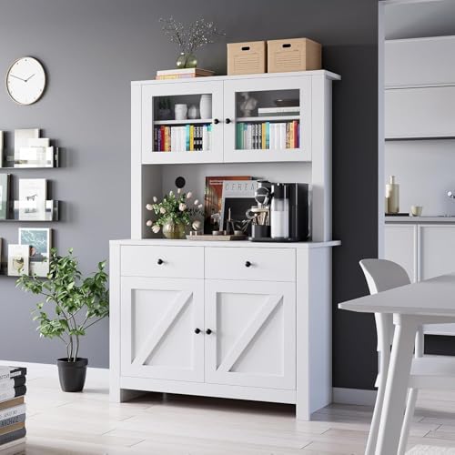 Kitchen Pantry Cabinet with Microwave Stand, Freestanding Hutch Cabinet with Buffet Cupboard, Tall Kitchen Cabinets with Adjustable Shelves for Dining Room, White