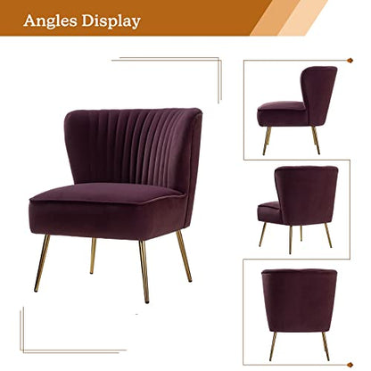 Velvet Accent Chair, Modern Upholstered Cute Side Chair with Gold Metal Legs, Armless Wingback Slipper Chair Comfy Living Room Chair for Bedroom Guest Room Vanity, Purple