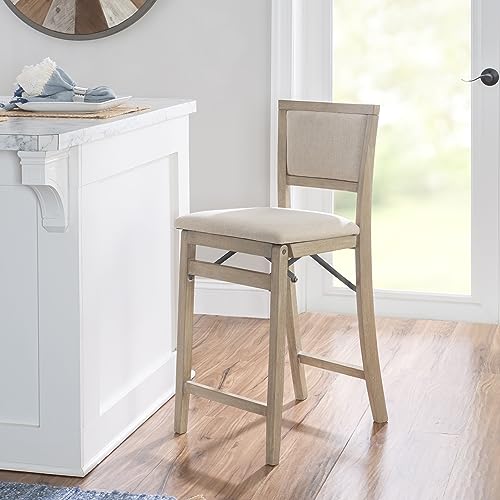Keira Natural Rustic Wooden Folding 25 Inch Seat Height Counter Stool with Beige Upholstered Seat and Back