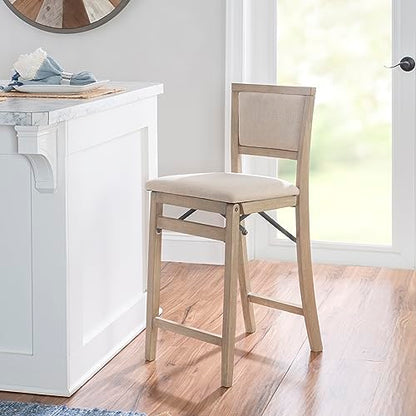 Keira Natural Rustic Wooden Folding 25 Inch Seat Height Counter Stool with Beige Upholstered Seat and Back
