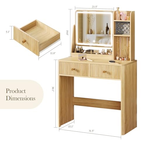 Fluted Makeup Vanity Desk with Mirror and Lights, view 3