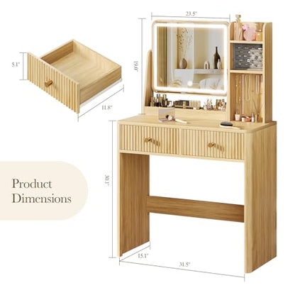 Fluted Makeup Vanity Desk with Mirror and Lights, view 3