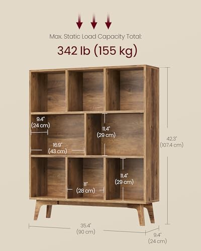 VASAGLE MAEZO Collection - Bookshelf, Bookcase, Cube Shelf with 8 Compartments, Storage Shelf, for Living Room, Home Office, Dining Room, 9.4 x 35.4 x 42.3 Inches, Honey Brown ULBC191KB01S
