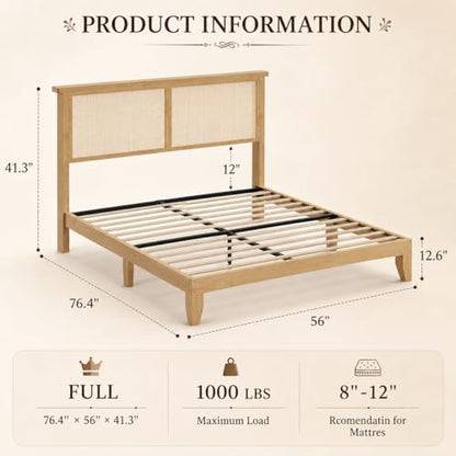 GAOMON Full Size Wood Bed Frame with LED Light and Rattan Headboard, view 3