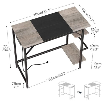Small Computer Desk, Home Office Desk with Power Outlet, Writing Desk with 2 Shelves, Modern Small Desk for Home Office, Study, Easy to Assemble, Charcoal Gray and Black BG43UDN01