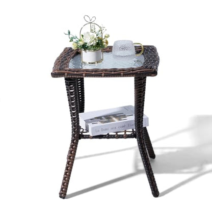Rattan Outdoor Side Table with Glass Top & Storage Shelf | Small patio end coffee table, versatile furniture for porch, backyard, balcony and indoor living room