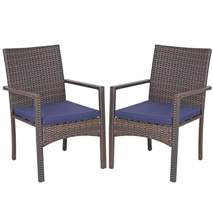 Rattan Patio Chairs Set of 2 with Cushions | 2 lightweight outdoor dining chairs, all-weather wicker, durable steel frame, comfortable cushioned seating, easy assembly.