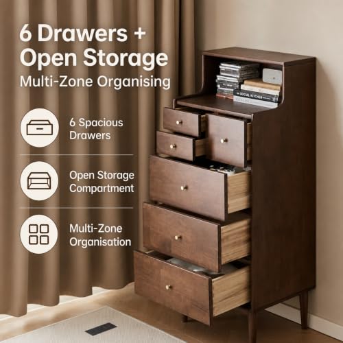 Solid Wood Nightstand, 6 Drawer with Open Shelve, view 4