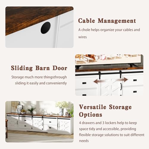 98" Farmhouse TV Stand for 100+ Inch TVs Entertainment Center with Storage Cabinets Large Mid Century Modern Media Console Table TV Cabinet for Living Room,Bedroom,White and Brown