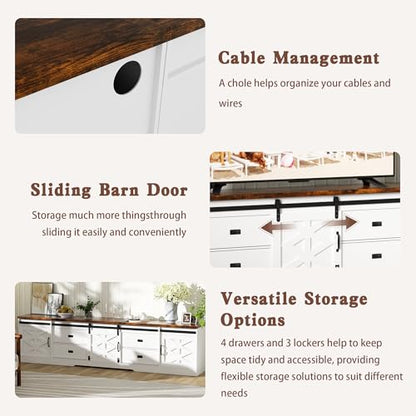 98" Farmhouse TV Stand for 100+ Inch TVs Entertainment Center with Storage Cabinets Large Mid Century Modern Media Console Table TV Cabinet for Living Room,Bedroom,White and Brown