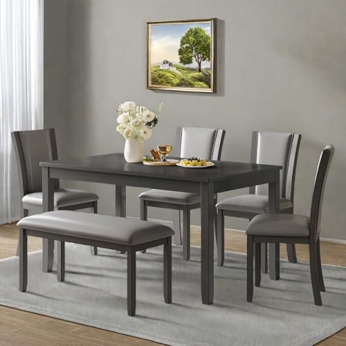Dining Table Set for 6, Farmhouse 6 Piece Dining Room Table Set with Rectangular Table, 4 Upholstered Backrest Chairs and Bench, Counter Height Kitchen Sets with Warm Woodgrain Finish, Gray