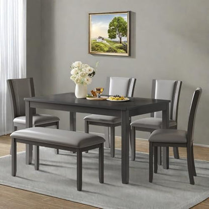 Dining Table Set for 6, Farmhouse 6 Piece Dining Room Table Set with Rectangular Table, 4 Upholstered Backrest Chairs and Bench, Counter Height Kitchen Sets with Warm Woodgrain Finish, Gray