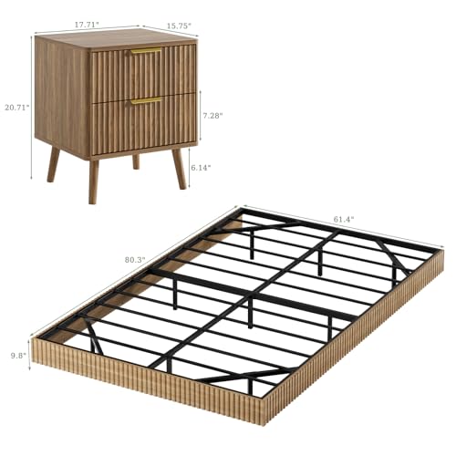 3 Pieces Queen Bedroom Set, Floating Bed Frame with Smart LED Lights & Nightstand Set of 2, Fluted Bedroom Furniture Set for Home, Bedroom, Walnut