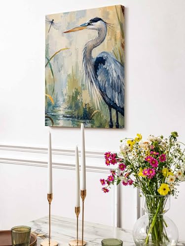 NuYeBiofx Heron Bird Country Sage Green Canvas Wall Art Prints,48"x32" Framed Picture Artwork Watercolor Oil Painting Style Printed Canvas Oil Painting for Living Room Bedroom Office,Ready to Hang