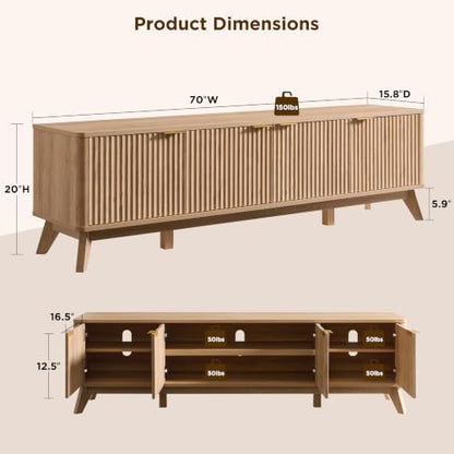 70" Mid Century Modern Fluted TV Stand,4-Door Storage, Natural Oak, view 3