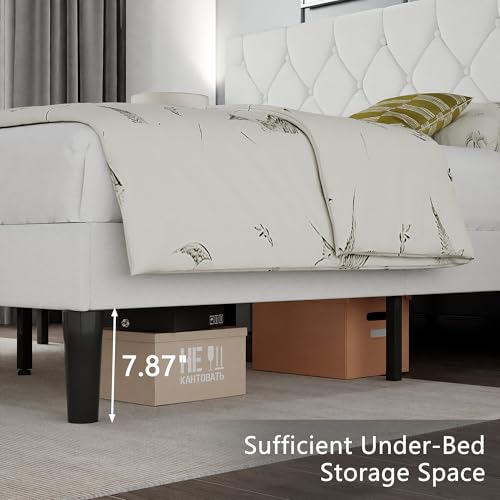 Full Bed Frame with Upholstered Tufted Headboard, Pure White, view 7