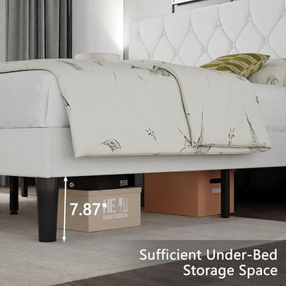 Full Bed Frame with Upholstered Tufted Headboard, Pure White, view 7