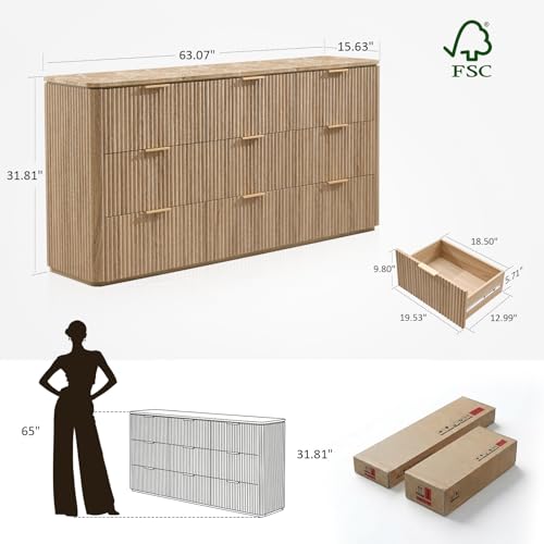 63"W Fluted 9 Drawer Bedroom Dresser, with Faux Marble Top,Natural Oak, view 3