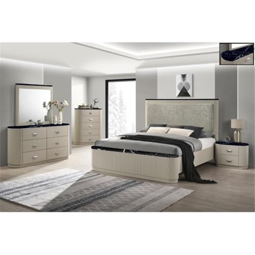 Upholstered Eastern King Bed, Gray Linen and Beige Frame, Padded Headboard, Black Marble-Look Trim, Sturdy Wood Construction, Vertical Panel Design, Modern Bedroom Furniture