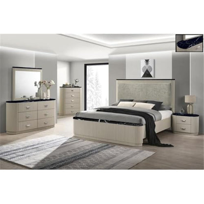 Modern Upholstered Queen Bed, Gray Linen and Beige Frame, Padded Headboard, Black Marble-Look Trim, Vertical Panel Details, Sturdy Wood Construction, Elegant Bedroom Furniture