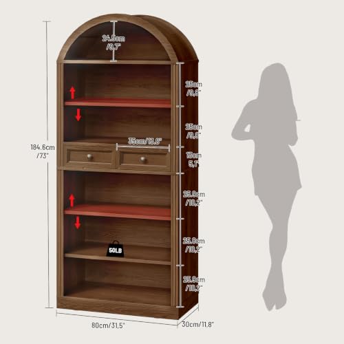 Arched Bookshelf, 73" Tall Arch Bookcase with Drawers, Farmhouse, view 3