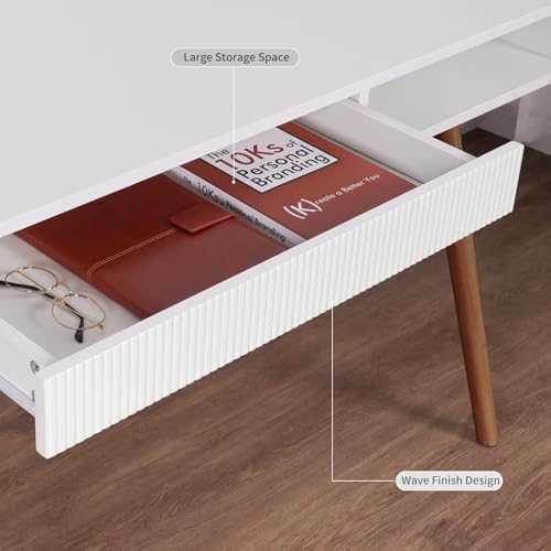White Wood Desk with Drawer, 42" Mid Century Modern Writing Desk, view 5