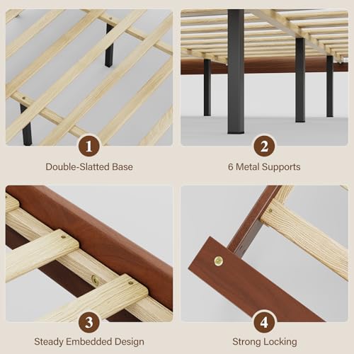 King Size Platform Bed Frame with Headboard, Brown, view 8