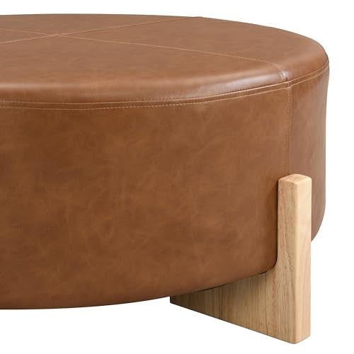 Holmes Modern Faux Leather Upholstered Ottoman Coffee Table, Wooden Round Cocktail Ottoman, Large Living Room Sofa Footstool/Footrest, Brown+Natural