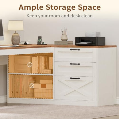 Farmhouse L Shaped Computer Desk with Drawers, Power Outlet for Home Office, view 7