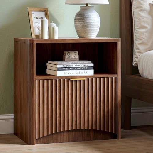 Fluted Nightstand Set of 2, Walnut Bedside Table with Drawer and Storage, Wood End Table Mid Century Modern, Large Night Stand for Bedroom