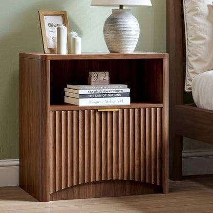Fluted Nightstand Set of 2, Walnut Bedside Table with Drawer and Storage, Wood End Table Mid Century Modern, Large Night Stand for Bedroom
