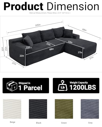 108" Cloud Sectional Couch,Modern Modular Sectional Sofa with Deep Seat,Corduroy Boneless Couches with L-Shape Chaise for Living Room,No Assembly Required (Black, Right Facing Chaise)