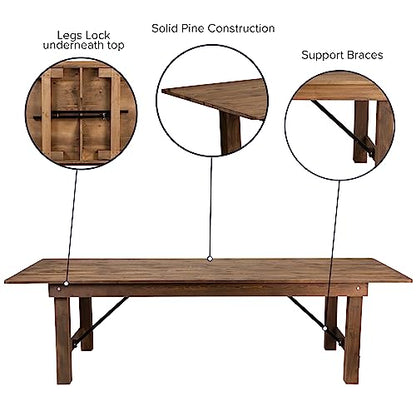 Hercules Series 9' x 40" Rustic Solid Pine Folding Dining Table, Rectangular Antique Farmhouse Dining and Event Extension Table