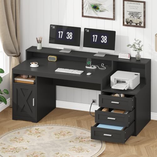 65" Farmhouse Computer Desk with Drawers and Printer Stand for Home Office, view 2