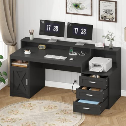 65" Farmhouse Computer Desk with Drawers and Printer Stand for Home Office, view 2