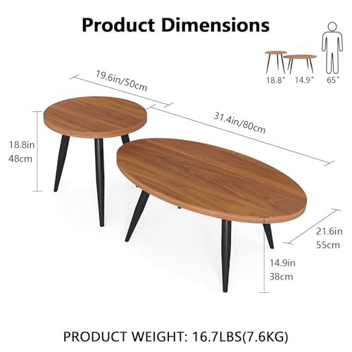 2-Piece Nesting Coffee Table Set, Oval & Round Mid-Century Modern Side Tables with MDF Tabletop & Metal Tapered Legs, Accent Table Set for Living Room, Small Spaces, Walnut