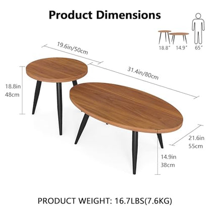 2-Piece Nesting Coffee Table Set, Oval & Round Mid-Century Modern Side Tables with MDF Tabletop & Metal Tapered Legs, Accent Table Set for Living Room, Small Spaces, Walnut
