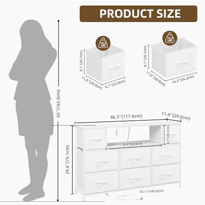 White TV Stand, Dresser for Bedroom for 55 inch TV with Charging Station and LED Lights, Media Console Table with 8 Drawers, Open Shelf, Adjustable Feet,Living Room Furniture