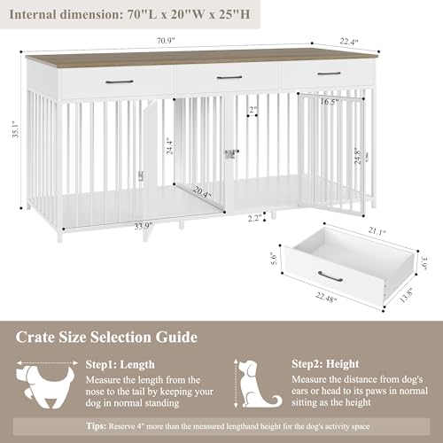 Double Dog Crate, 71"W Indoor Dog Kennel Furniture for 2 Dog, White, view 5